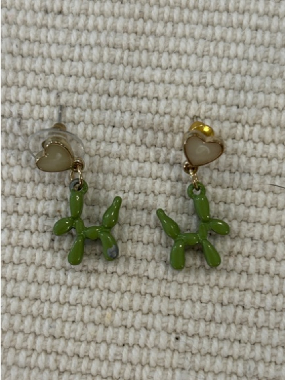 Green Balloon Animal Drop Earrings with Heart Studs